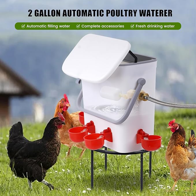 Automatic Chickens Waterer with Float Valve, 2 Gallons Poultry Water Feeder Drinking Dispenser with 4 Water Cups, Chicken Drinker with Hose Attachment for Chicks, Gooses, Ducks, Turkeys