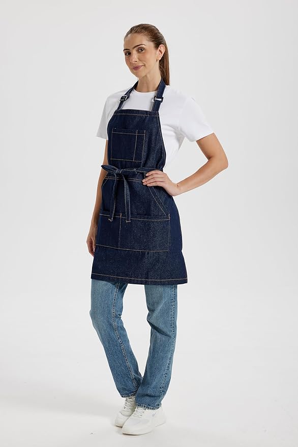 Chef Apron for Men Women with Large Pockets, Adjustable Denim Apron for Cooking, Baking, Gardening
