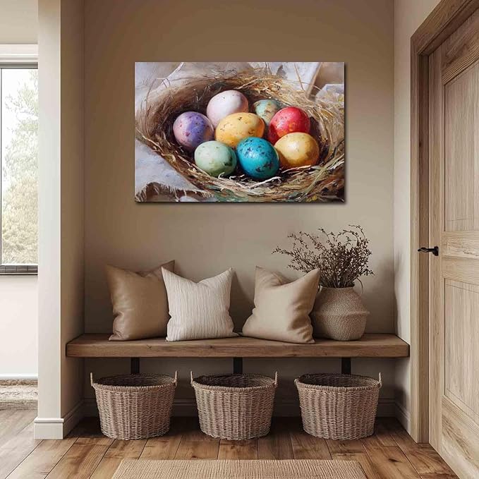 MNFGMH Easter Canvas Watercolor Easter Eggs Spring Art Cute Easter Picture for Living Room and Kitchen Wooden Frame 12x18 inch