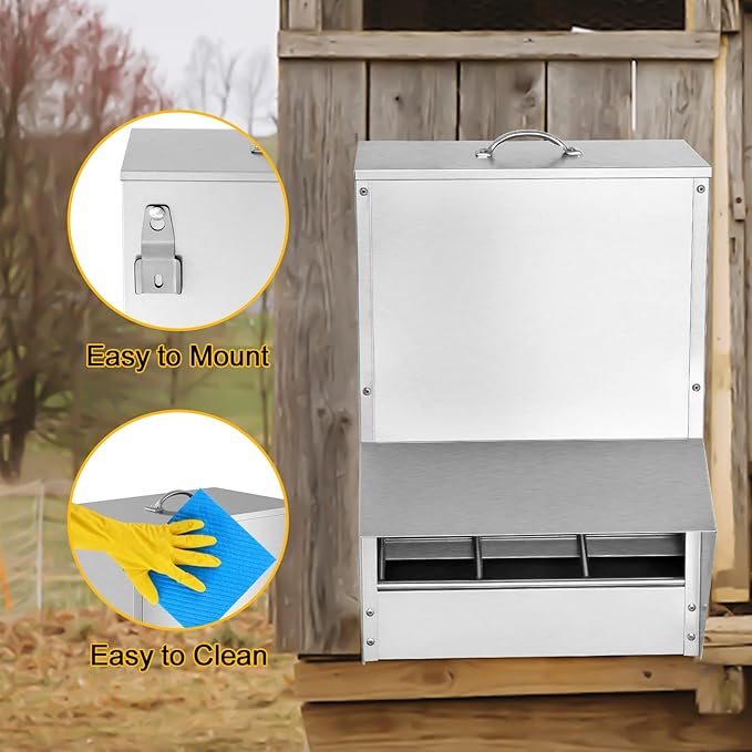 Galvanized Poultry Feeder, 30LBS Chicken Feeders No Waste, Rat Proof Hanging Chicken Feeder with Lid, Weatherproof Outdoor Coop Food Dispenser Silver