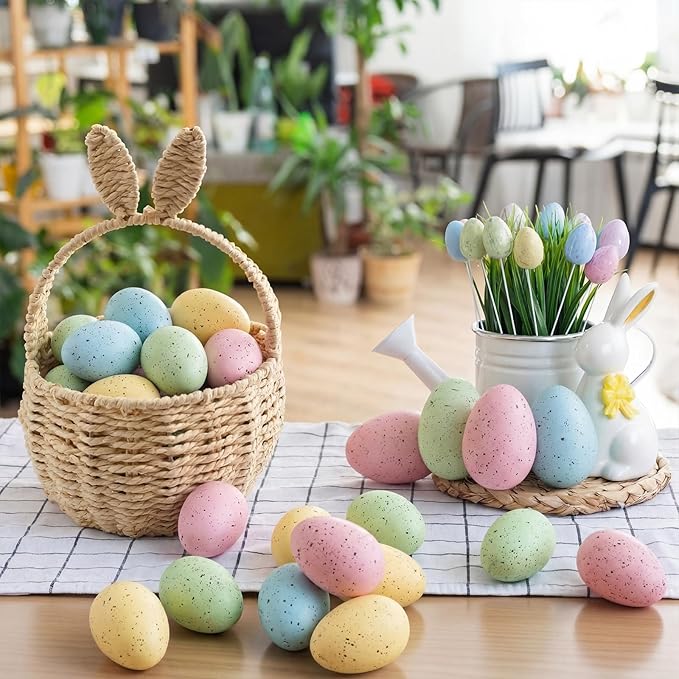 Gejoy 18 Pcs Easter Speckled Eggs Neutral Plastic Fake Chicken Eggs Pastel Textured Easter Decor Vintage Decorative Vase Bowl Fillers Farmhouse Spring Decorations for Home Table DIY Craft (Pastel)