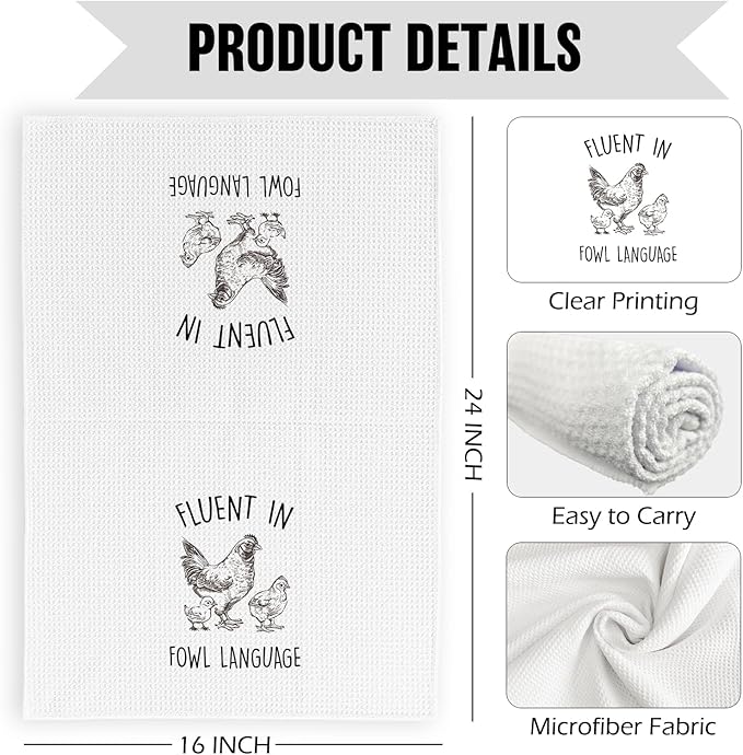 Funny Kitchen Dish Towels 16x24 Inch - Crazy Chicken Gifts for Chicken Lover Mom - Fluent in Fowl Language Decorative Hand & Tea Towels for Farmhouse Home