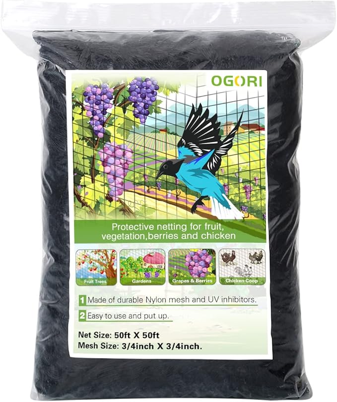 OGORI 50' x 50' Bird Netting Heavy Duty Nylon 3/4" Mesh Garden Netting Protect Fruit Trees, Plants and Vegetables