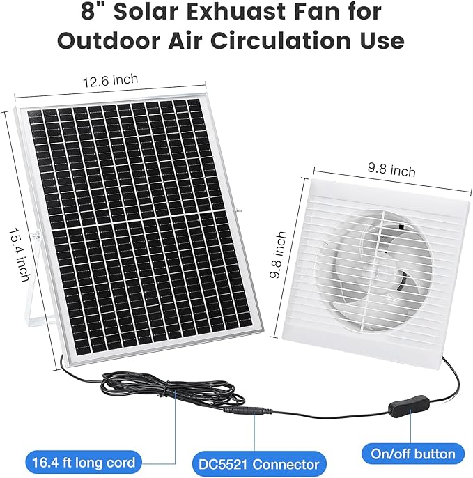Solar Exhaust Fan, Solar Powered Vent Fan Kit for Outside Greenhouse Shed Chicken Coop (8" Fan)