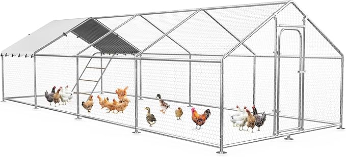 Large Metal Chicken Coop with Roosting Perch, Waterproof and UV Protection Cover, Chicken Run Outdoor Walk-in Cage Chicken Rabbit Duck Hen House for Yard Farm Use Spire Roof (10’ W x 26.2’ L x 6.4’ H)
