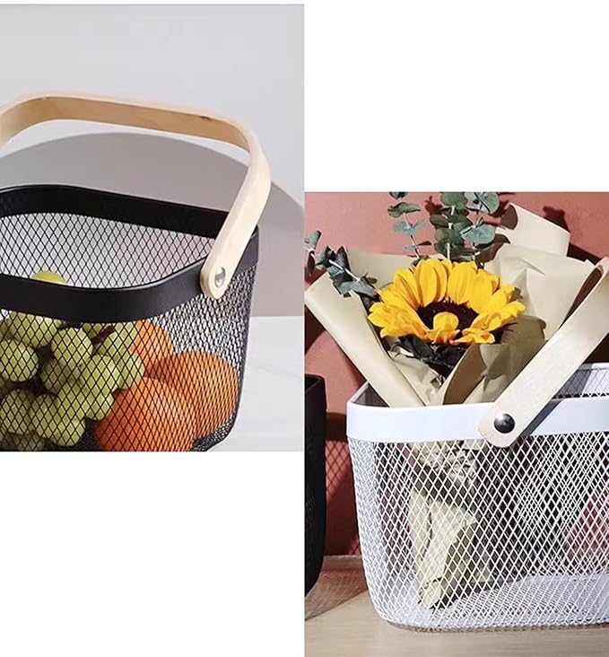Metal Mesh Wire Basket, Small Steel Basket with Wooden Handle Storage Organizer Basket Multi-functional Hanging Kitchen Baskets Fruit Baskets for Kitchen Bathroom Cabinet Pantry Snacks, White