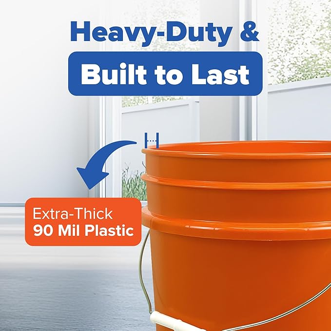 5 Gallon Bucket Only | Made in USA | Food Grade | Durable 90 Mil All Purpose Pail | BPA Free | Premium HPDE | Easy Stack and Store | Lids Not Included (Orange, 6)