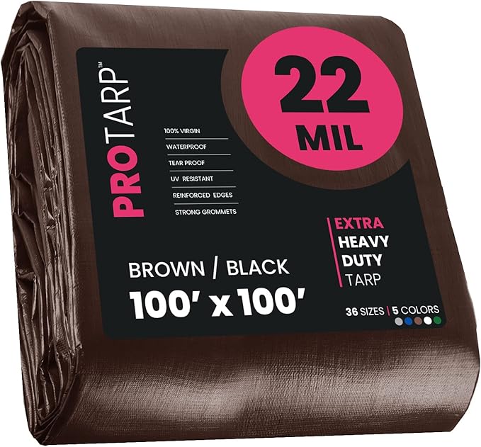 PROTARP Extreme Heavy Duty 22 Mil Tarp Cover, Waterproof, UV Resistant, Rip and Tear Proof, Poly Tarpaulin with Reinforced Edges for Roof, Camping, Patio, Pool, Boat. (Brown/Black 100′ X 100′)
