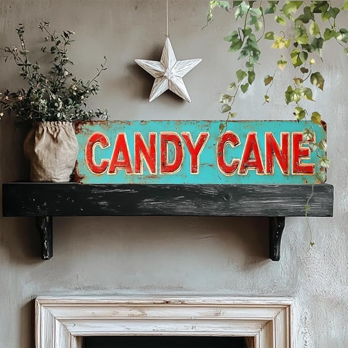 Vintage Style Christmas Street Decor 'Candy Cane' Metal Sign, 16x4 Inch - Distressed Finish Decorative Sign For Home, Porch, Garden, Garage, Cafe Wall/Gate Hanging Plaque, Christmas Decor