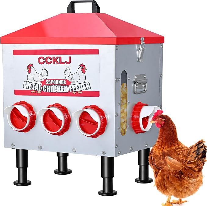 55 LBS Automatic Chicken Feeder with Large View Window, 8 Anti-Waste Feed Ports, Adjustable Secure Lid for Poultry Feed Storage
