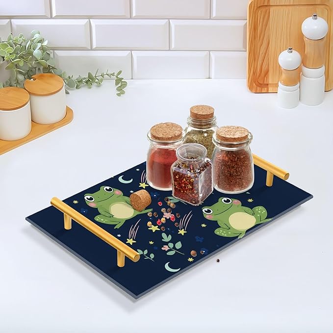 Bathroom Vanity Tray Counter Organizer, Cute Frogs Decorative Tray with Handles Countertop Storage for Bathroom Bedroom Kitchen Home Farmhouse
