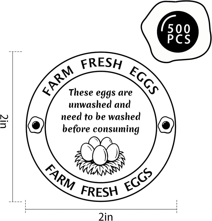 500 Pcs 2 Inch Farm Fresh Eggs Carton Labels Self-Adhesive Unwashed Stickers for Chicken, Quail, Duck Egg Handling Labels