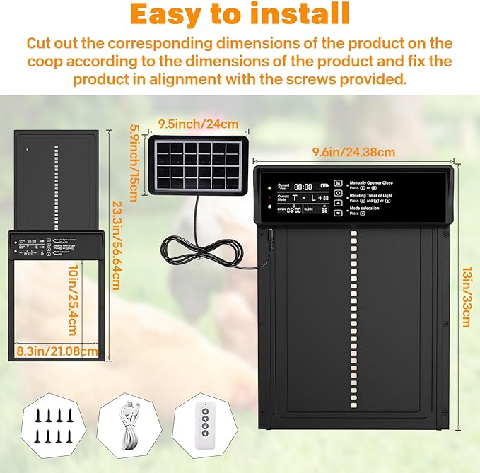Solar Powered Automatic Chicken Coop Door,Solar Chicken Coop Door with Remote Control, LCD Display Automatic Chicken Door Function with Timer, Light Sensor, Anti-Pinch,Made of Aluminum Alloy and ABS