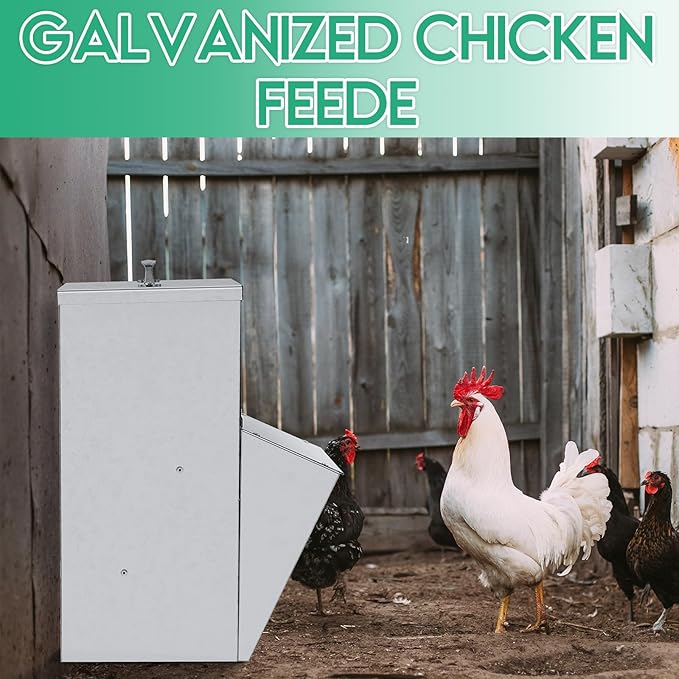 Uiifan 2 Pcs 11.5-50 Lbs Galvanized Chicken Feeder Weatherproof Poultry Food Dispenser with Lid Chicken Duck Food Dispenser Rat Proof Poultry Feeder for Cock Hen Duck(25 lb)