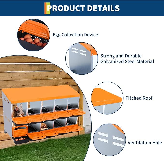 10 Compartments Chicken Nesting Boxes with Roll Out Egg Collection and Large Vented Holes,Metal Nesting Boxes for Chickens, Hens, Ducks,Wall Mount/Freestanding Poultry,Orange