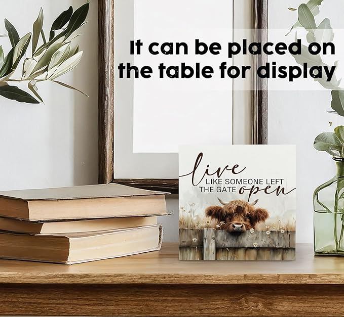 Highland Cow Farmhouse Wooden Box Sign - Farmhouse Western Animal Office Kitchen Bathroom Decor,Farm Live Like Someone Left The Gate Open,Highland Cow Gifts For Women