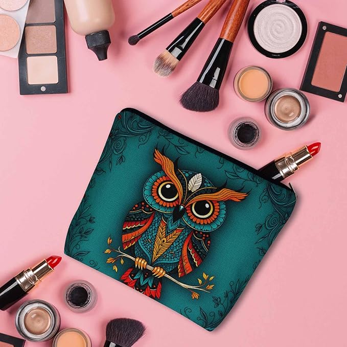 Owl Makeup Organizer Bag Cosmetic Bag For Men Women, Wild Owl Mandala Floral Blue Travel Toiletry Bag Flax Makeup Bags Purse Business Makeup Pouch For Toiletries Cosmetics