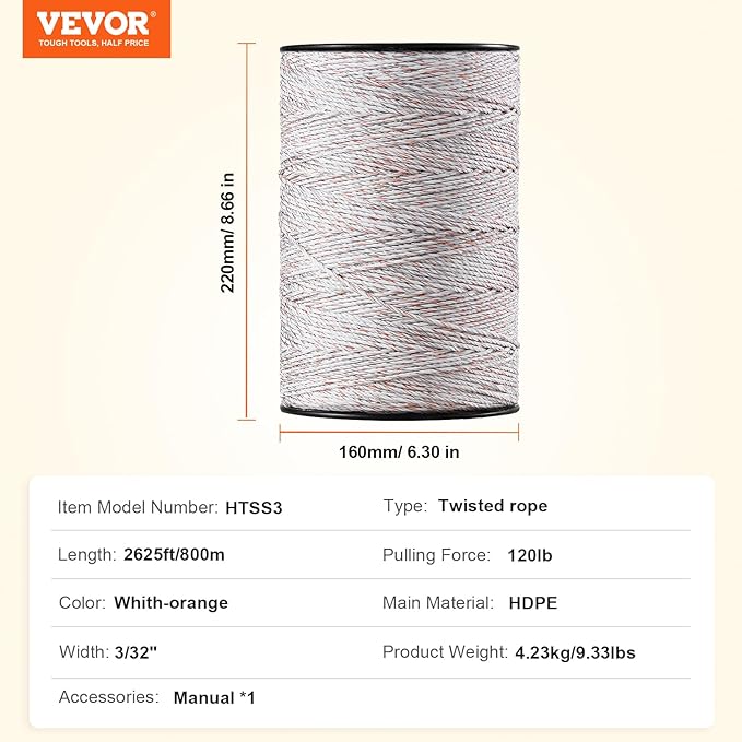 VEVOR Electric Fence Wire, 2625Ft 800M Portable Polywire, 3/32" Diameter 9 Mixed Metal Strands for Reliable Conductivity and UV, Rust Resistance, Fencing Rope Line for Horse, Cattle, Livestock
