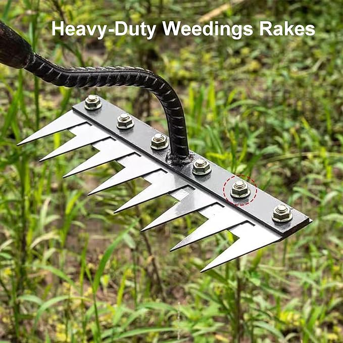 Gardenia Iron Weeding Rake, Hand Weeder Puller Tool, Manual Heavy-Duty Weed Rakes with Detachable Blade, 8 Teeth Manganese Steel Forged Weeder for Vegetable Gardening Backyard Farm Planting