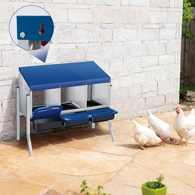 Chicken Nesting Box, 3 Compartment Roll Away Design for High-Volume Egg Collection and Easy Wall Mounting with Metal Legs
