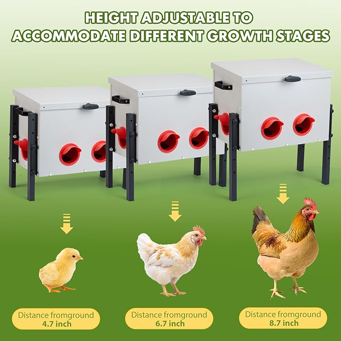 Metal Chicken Feeder with 4 Ports, 30 lbs Metal Poultry Feeder, Height Adjustable Weatherproof Feeding Box for Chickens, Geese, Ducks, Turkeys, Quails (30lbs-4 Ports)