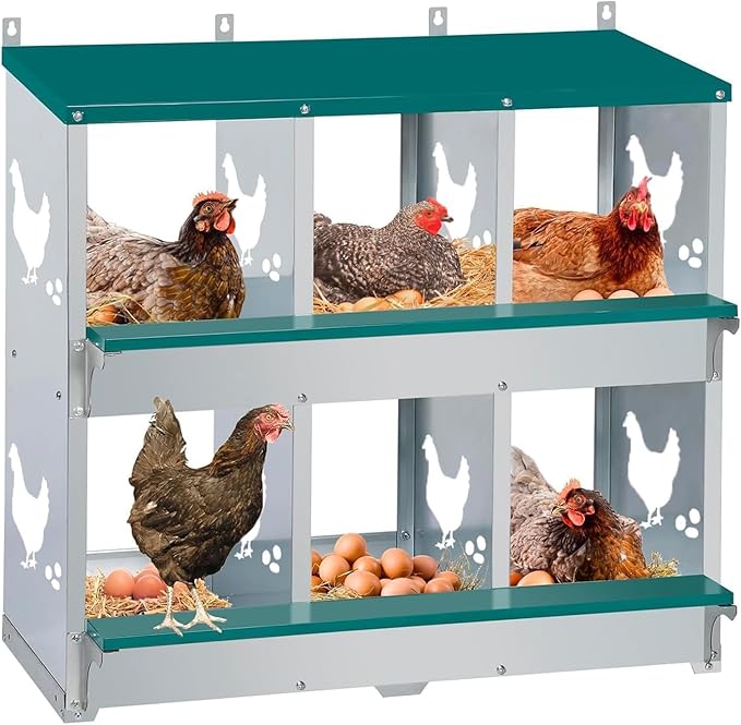 Chicken Nesting Box 6 Compartment with 10 Pet Moisture Pads and 4 Fake Eggs Roll Away Egg Collection, Perch, Lid Cover for Egg Protection - Wall Mount Nest Box for Chickens, Hens, Ducks