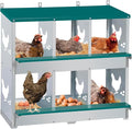 Chicken Nesting Box 6 Compartment with 10 Pet Moisture Pads and 4 Fake Eggs Roll Away Egg Collection, Perch, Lid Cover for Egg Protection - Wall Mount Nest Box for Chickens, Hens, Ducks