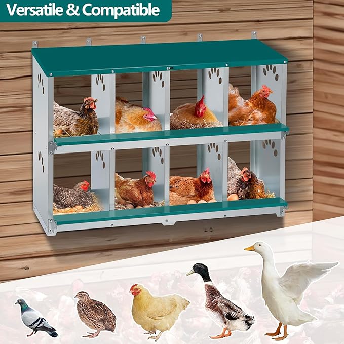 Chicken Nesting Box, 8 Compartment Metal Nesting Box, Wall Mountable Nesting Boxes for Chicken, 42.5" L x 13.0" W x 25.0" H, Green
