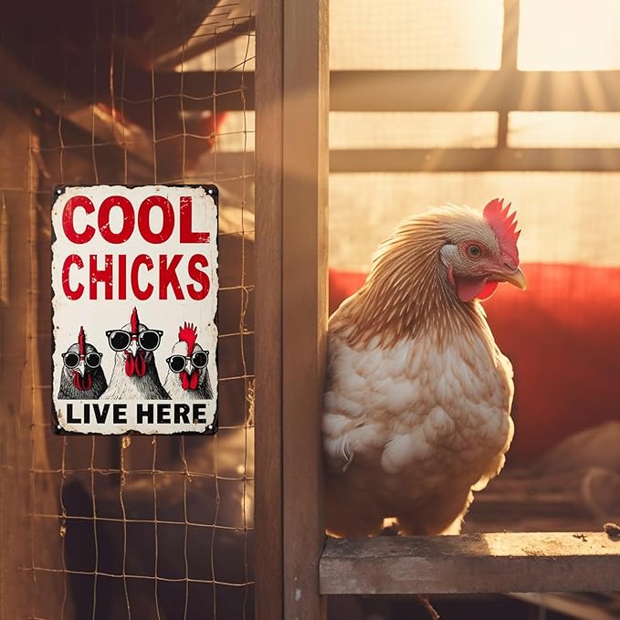 Cool Chicks Live Here Metal Tin Sign for Home Farmhouse Chicken Coop Home Kitchen Wall Decoration Chicken Coop Accessories Decor Wall Art 8x12 Inch