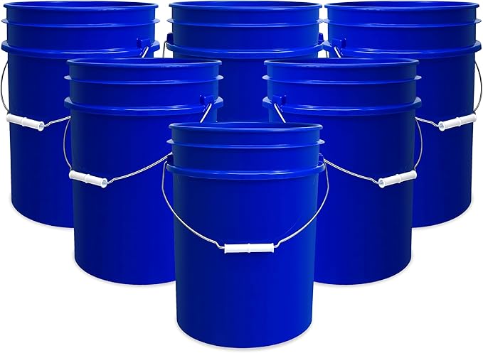 5 Gallon Bucket Only | Made in USA | Food Grade | Durable 90 Mil All Purpose Pail | BPA Free | Premium HPDE | Easy Stack and Store | Lids Not Included (Blue, 6)