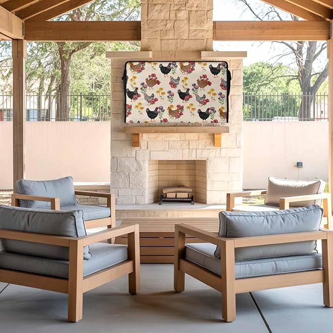 Waterproof Outdoor TV Cover 60 to 65 Inch, Farm Chicken Colorful Poppy Outside Flat Screen Televisions Weatherproof Cover Size 58"L x 37"H, Spring Floral on Beige TV Protector With Zipper