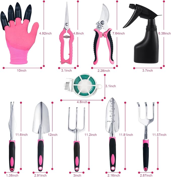 Covacure Gardening Tool Set - 11 Piece Aluminum Alloy Steel Hand Tool Starter Kit with Garden Bag, Outdoor Tool, Heavy Duty Gardening Work Set, Gardening Tools Gift for Women and Men（Pink）