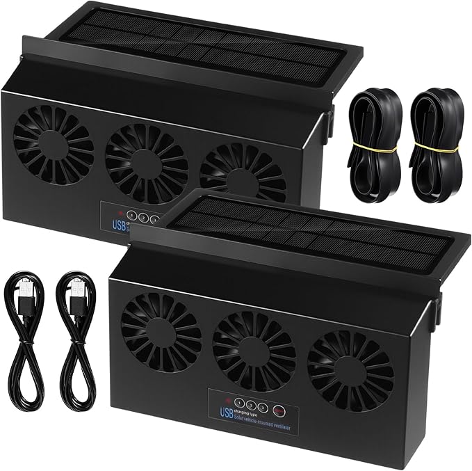 2 Pack Solar Powered Car Exhaust Fan 3 Fans Car Window 4500 RPM Air Vent Radiator Solar Energy Cooling Vent Exhaust for General Types(Rechargeable & Solar 3 Fans,Black)