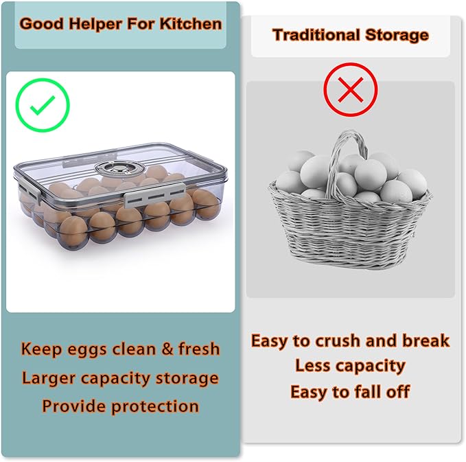 BTSKY Premium Plastic Egg Holder for Fridge - 24 Egg Refrigerator Container, Organizer with Time Reminder and Lid