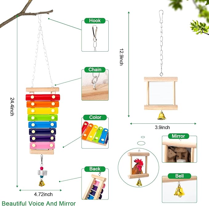 7 Pack Chicken Toys for Coop Accessories, Chicken Xylophone Toy, Chicken Mirror, Chicken Ladder Bridge, Coop Swing, Vegetable Hanging Chicken Feeder, Chewing Foraging Toys, Gifts for Hens