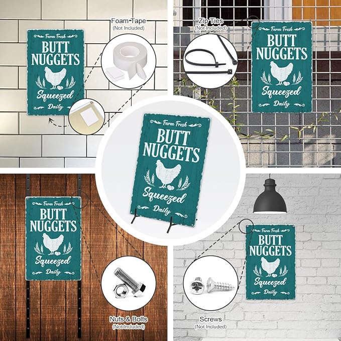 Farm Fresh Butt Nuggets Tin Sign Chicken Coop Vintage Metal Hanging Plaque for Farm Barn Yard Garden Egg Market Kitchen Bar Home Wall Decor Hen House Accessories Outdoor 12x8 Inch