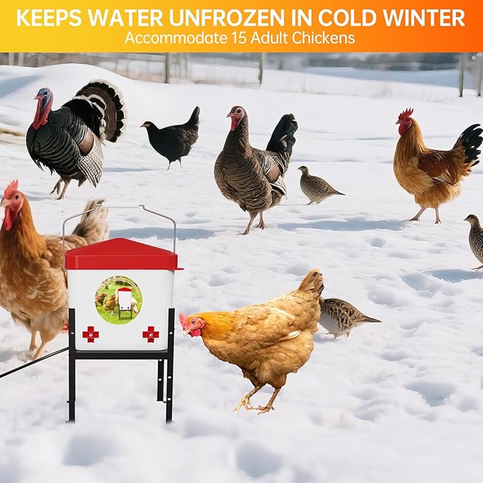 Nexum 2 Gallon Heated Chicken Waterer - Outdoor Unfrozen Poultry Drinker for Winter with 4 Nipples and Adjustable Stand Automatic Chicks Water Bucket (Red, 2 Gallon)