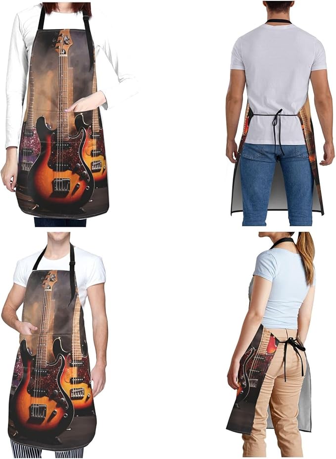 Waterproof Aprons for Women Men Adjustable Bib Cool Electric Guitar Apron Chef Cooking Aprons for Kitchen