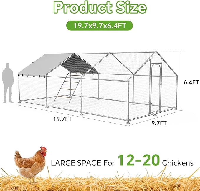 Large Metal Chicken Coop with Roosting Perch, Waterproof and UV-Resistant Cover, Outdoor Walk-in Cage Hen House for Yard Farm Rabbit Duck Chicken Run with Spire Roof (236.22×116.14×77.95 in)