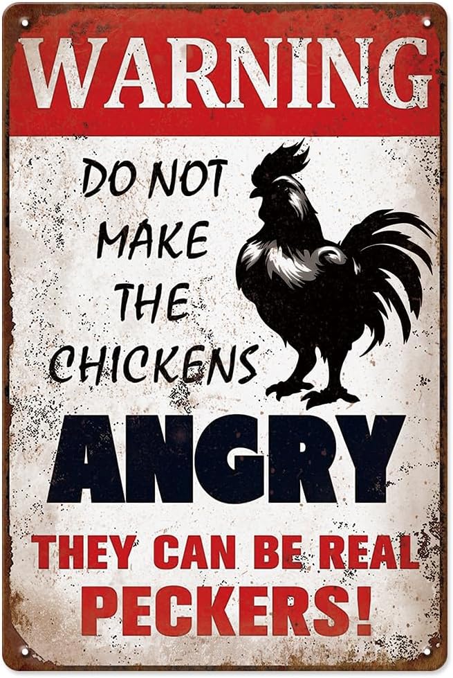 YOYI ART Funny Metal Warning Chicken Signs for Coop - Vintage Tin Sign for Chicken Coop, Outdoor, Kitchen, Farmhouse Wall Decor Art Accessories, Chicken Gifts for Women, 8 x 12 inch