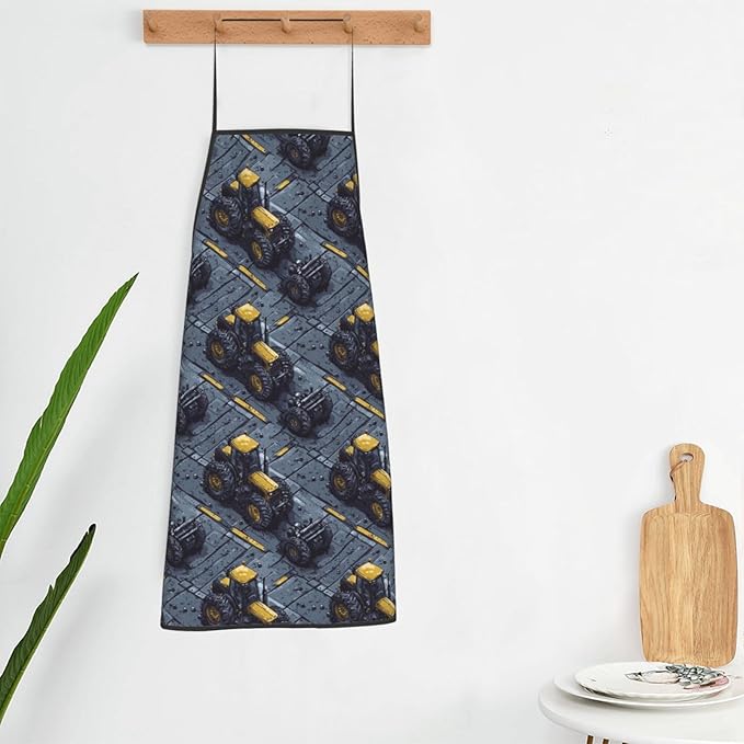 Chef Aprons for Men and Women - Classic Yellow Tractor Print Oil-Resistant Bib Aprons for Cooking or Kitchen BBQ Grilling