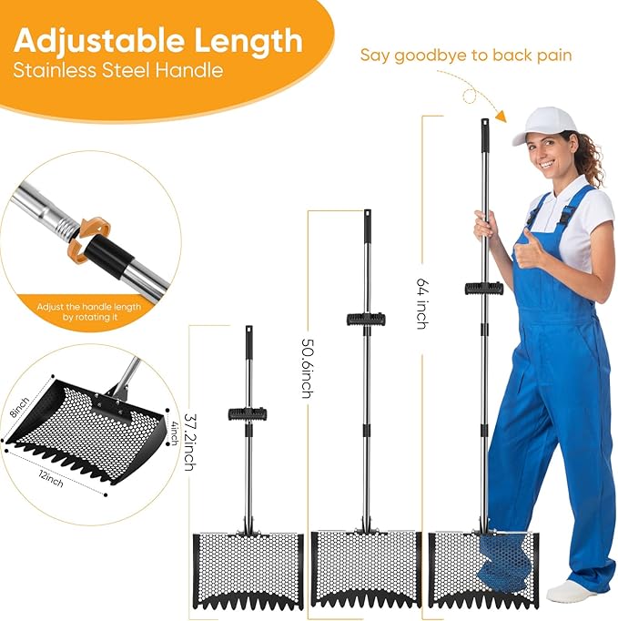 12inch Chicken Poop Scooper & Rake 2-in-1, Heavy Duty Metal Chicken Coop Scoop for Sand with Ergonomic Grip, Adjustable Angle Stainless Steel Chicken Coop Rake Litter Sifting Shovel (37-64")