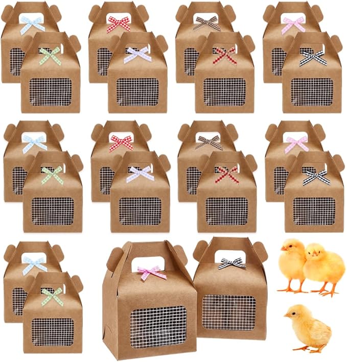 OLYCRAFT 20Pcs Chicken Party Favor Boxes Foldable Chicken Box with Bowknot Paper Straw Adhesive Nets Farm Animal Party Boxes Complete Farm Animal Box Kit Decoration for Chick Farms Theme Partys