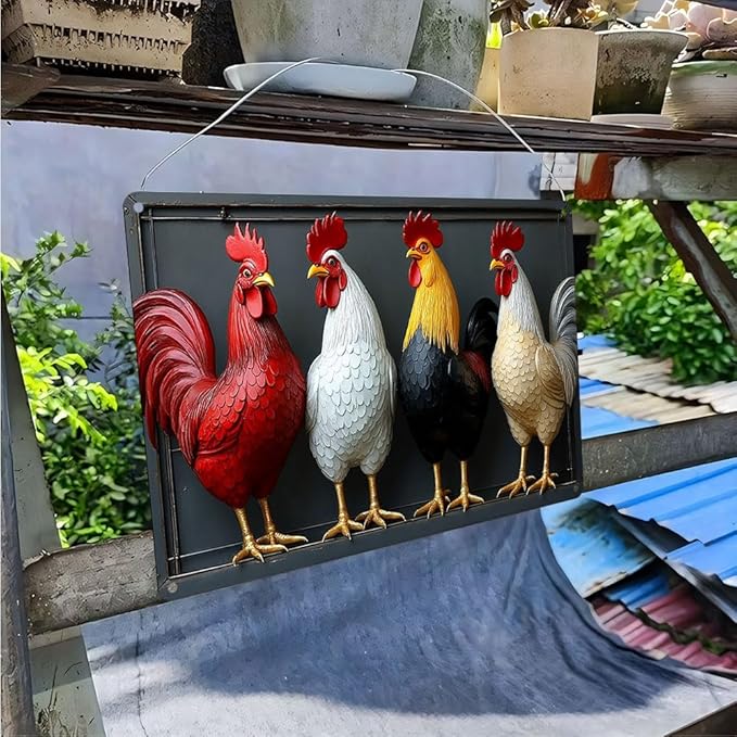 FunnySign Chicken Gifts Rooster Décor Four Rooster Not 3D Rustic Tin Sign for Home Farm Chicken Coop Decor 8x12 Inch (9704)