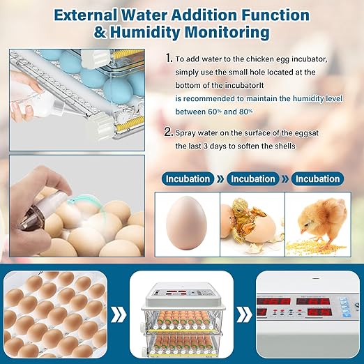 120 Egg Incubator Automatic Turning LED Display Temperature Humidity Control Built-in Candler External Water Fill Duals Power 110V/12V for Hatching Chicken Duck Quail Goose Eggs