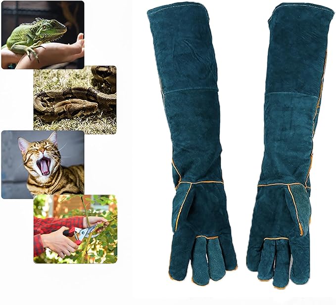 Animal Handling Gloves Bite Resistant, 23.6'' Anti Scratch Glove for Cats, Multipurpose Bite Proof Leather Pet Gloves for Grabbing Cat Reptile Puppy Bird Poultry or Gardening Welding