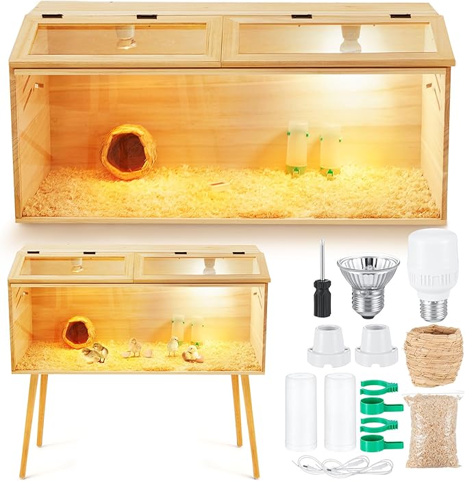 32 x 16 x 16 in Brooder Box for Chicken Quails with Leg Stand Sliding Door, Bulb Set and Feeder, Indoor Chicks Coop Brooder Box Kit, for Ducks, Rabbit, Hamsters, Lizards, Mice, Rat