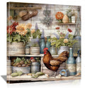 Framed Chicken Wall Art 16x16 Inch Rooster on Flower Stand Canvas Print Farmhouse Country Style Artwork for Kitchen Living Room Rustic Home Wall Decor