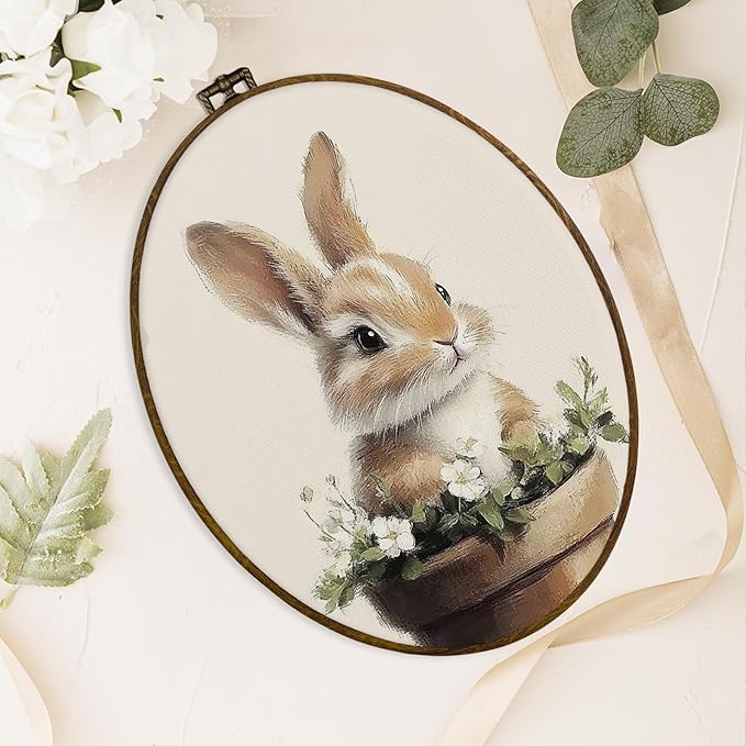 dvhdajed Easter Bunny Oval Wall Art Decor,Vintage Farmhouse Bunny Framed Canvas Art,Rabbit Nursery Decorations,Spring Rabbit Farm Animal Oval Wall Hanging Decor for Nursery Living Room, 8.7x11.3 Inch