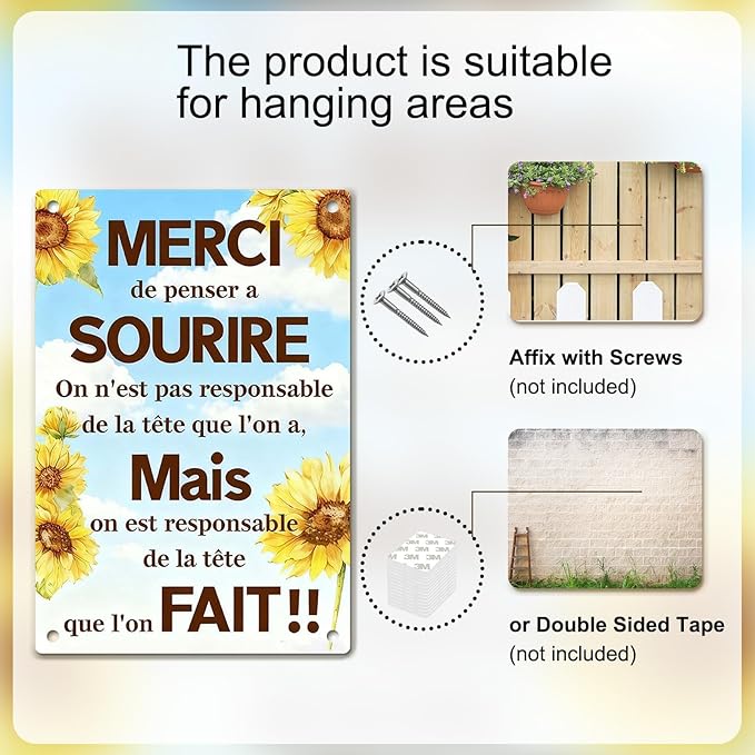 Motivational Wall Decor Metal Tin Signs – Inspirational Wall Art with French Quote, Rustic Farmhouse Wall Decor for Kitchen, Bathroom, or Bedroom, Motivational Sunflower Tin Sign for Home or Rustic Decor, 8x12 Inch
